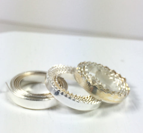 bezel wire skinny, variety pack, 3 feet total, 1/8 Fine Silver, serrated bezel, scalloped bezel, smooth bezel, for thinner stones - Romazone
