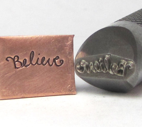 Believe Cursive, half inch shank,  believe design stamp, believer stamp, believe in yourself, believe in him, for stainless, 12 x 4 mm - Romazone