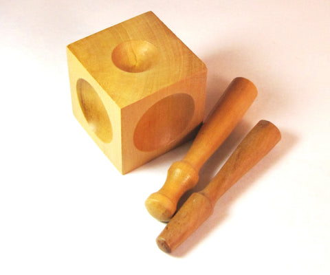 Wooden Dapping Block, 2 inch x 2 inch, with 2 punch, hard wood for silver working, cupping discs - Romazone