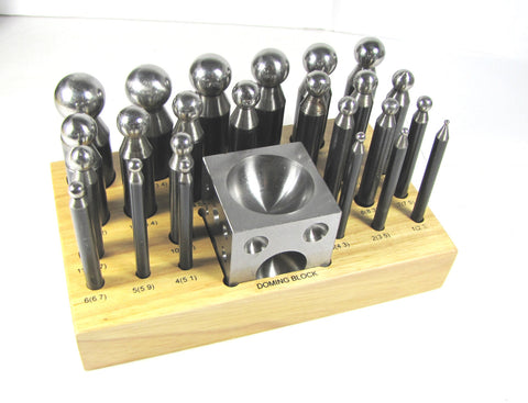 Doming set, carbon steel, 26 piece, dapping , 24 steel dome punches, doming block with wood stand - Romazone