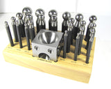 Doming set, carbon steel, 26 piece, dapping , 24 steel dome punches, doming block with wood stand - Romazone