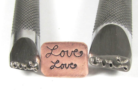 Cursive Script Love Stamps, in two sizes, for all metals and stainless, 11 x 5 mm and 8 x 3 mm - Romazone