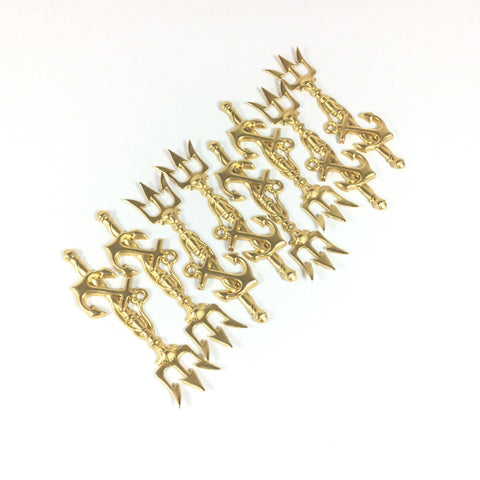 harpoon trident,  anchor symbol, Neptune fork, brass charm stamping, 8 pack, 2.75 x .75  inch, light weight - Romazone