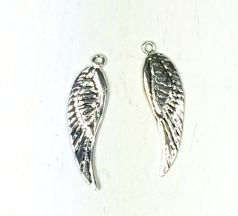 Wing Charm, Angel-wing, 2 pack, sterling silver, 2 sided, 27 mm x 7 mm, with loop - Romazone