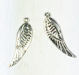 Wing Charm, Angel-wing, 2 pack, sterling silver, 2 sided, 27 mm x 7 mm, with loop - Romazone