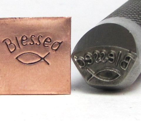 Blessed with Jesus Fish, 1/2 shank design stamp, USA made, for all metals, 12 x 7 mm - Romazone