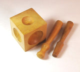 Wooden Dapping Block, 2 inch x 2 inch, with 2 punch, hard wood for silver working, cupping discs - Romazone