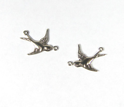 silver bird connector,  flying swallow, swooping sparrow, 2 hole connectors, 19.5 X 17 mm 20 gauge, 16 pair 32 total - Romazone