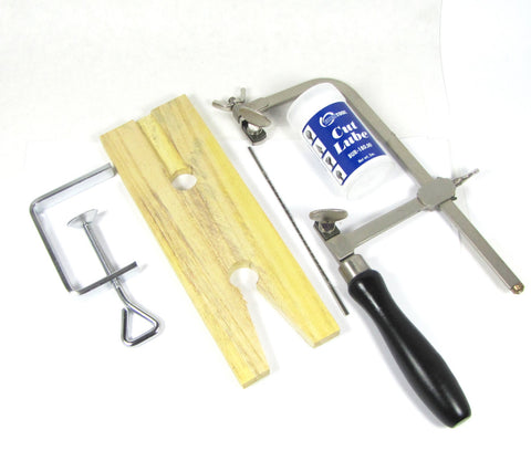 Jewelrs saw combo, Wood bench pin, German style, adjustable saw frame, blades and blade lube - Romazone
