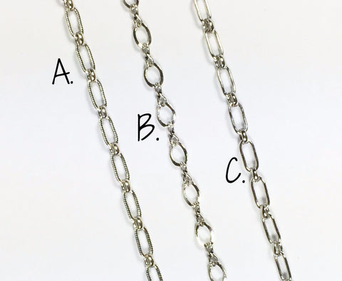 Oxidized Sterling chain, 1 ft., 3 link styles, Dark silver chain, Long and short stamped, Figure 8 - Romazone